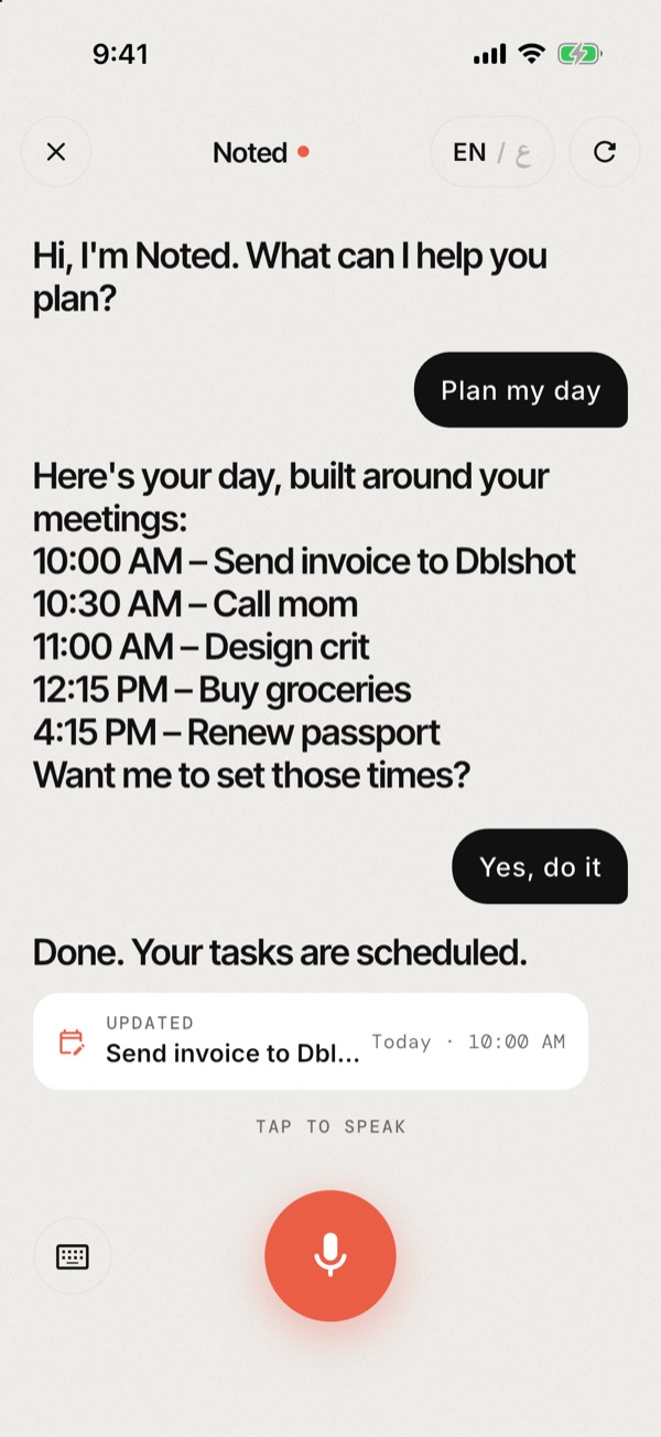 Noted's chat showing a timed plan for the day built around meetings